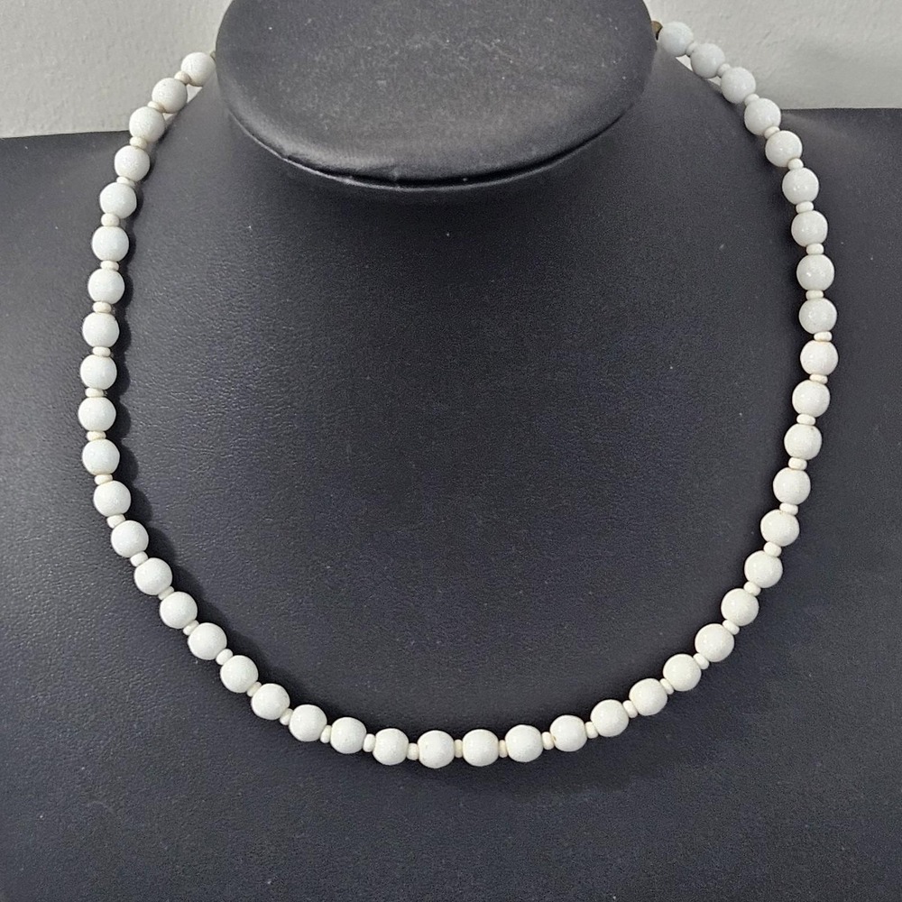 Vintage Miriam Haskell Milk Glass Beaded Necklace Choker 15" Signed